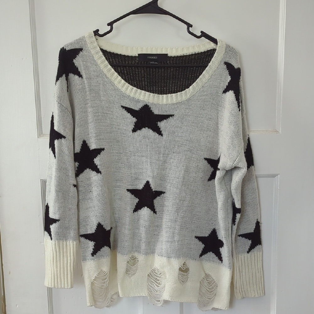 Forever 21 Cream Knit Sweater with Black Star Pattern